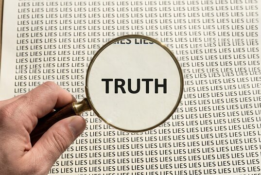 Magnifying glass revealing "TRUTH" amidst a background of "LIES". Honesty and Investigation concept