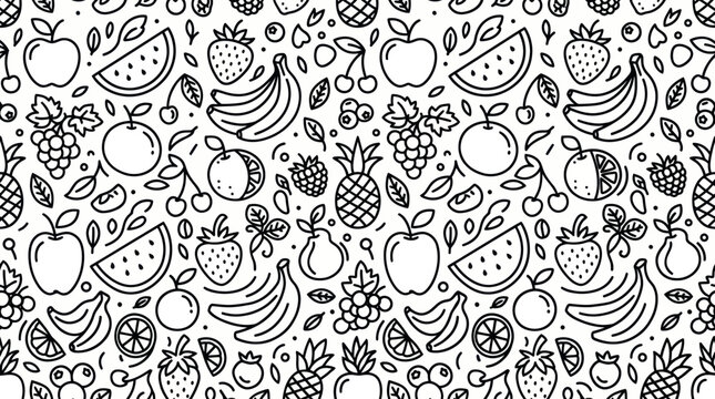 Seamless fruit pattern featuring hand drawn doodles of apple banana grape strawberry watermelon and pineapple in minimalist black and white line art