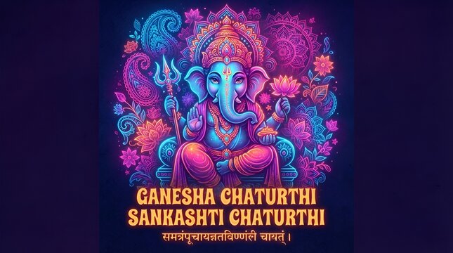 Neon glowing head of lord ganesha on dark background with paisley patterns for ganesha chaturthi and sankashti chaturthi celebrations and creative hindu spiritual ... 