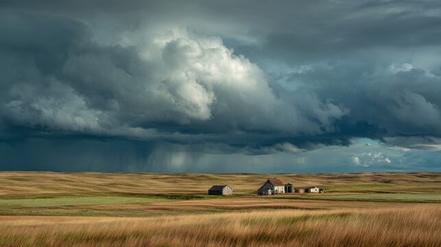 93.Expansive North Dakota prairie with rolling fields and isolated farm structures, towering cumulonimbus clouds building overhead, streaks of distant rainfall visible against muted sky, foreground