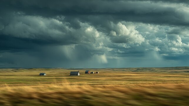 93.Expansive North Dakota prairie with rolling fields and isolated farm structures, towering cumulonimbus clouds building overhead, streaks of distant rainfall visible against muted sky, foreground