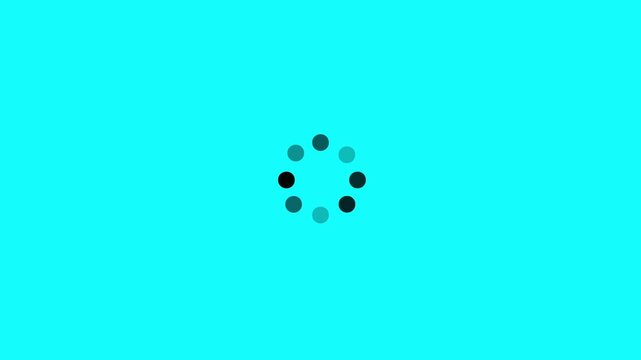 minimal circular dot loading spinner with animated fading opacity dots seamless loop on cyan background.