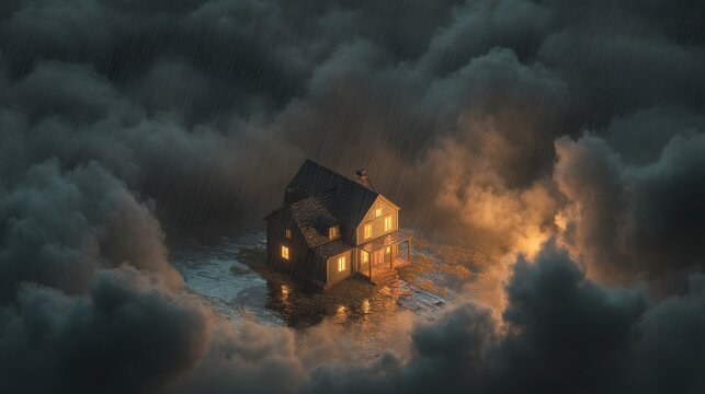 3.Isometric 3D house surrounded by dark rolling clouds, heavy rainfall cascading down sides, reflective puddles around yard, subtle fog effect, soft global illumination, dramatic weather symbolism,