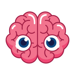 Obraz premium Pink Human Brain Character with Large Blue Eyes Looking Forward Isolated on White