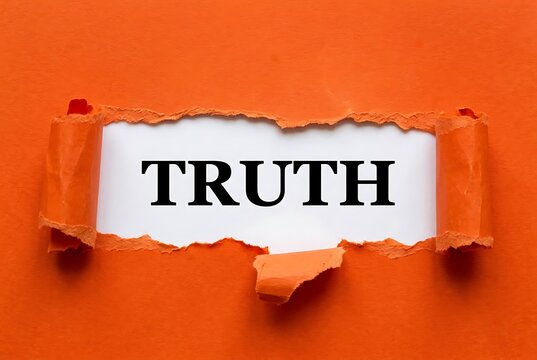 Text "TRUTH" revealed through torn orange paper. Honesty and transparency concept.