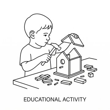 Young Boy Building a Wooden Birdhouse With a Hammer &mdash; Hands-On Educational Activity for Learning