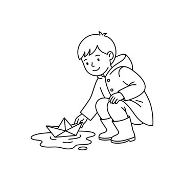 Little Boy Playing With Paper Boat In Puddle Wearing Raincoat And Rubber Boots