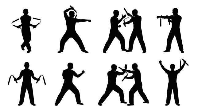 Collection of martial arts silhouettes, dynamic fighting poses and weapon action, diverse combat styles represented, black and white graphic elements