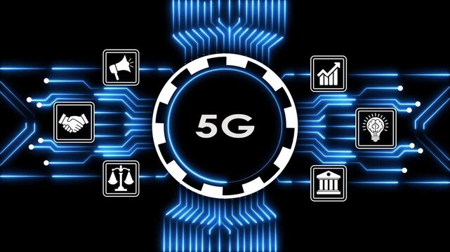 Five g network technology motion background with digital communication business icons.