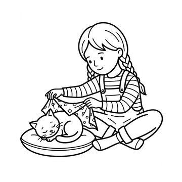 Young Girl Gently Covering Sleeping Cat With Blanket &mdash; Cute Child Caring for Pet Line Art Illustration