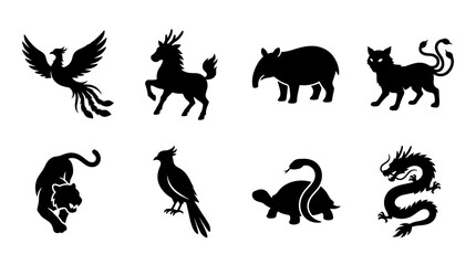 Fototapeta premium Set of silhouettes of mythical creatures and animals including phoenix, dragon, tiger, turtle, bird, and cat, collection for decorative design