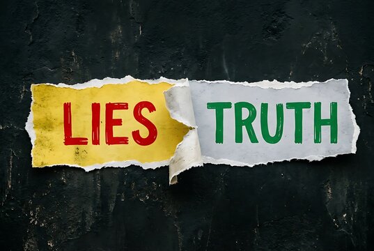 Torn paper reveals "LIES" on yellow and "TRUTH" on gray. Concept: Honesty and Integrity