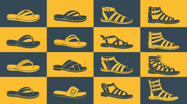 A grid displays various styles of sandals and flip flops in a checkerboard pattern of yellow and.