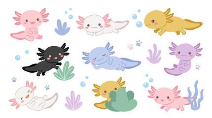 Fototapeta premium Set of cute axolotl characters in various poses with underwater plants and bubbles, colorful aquatic salamander collection for game assets and