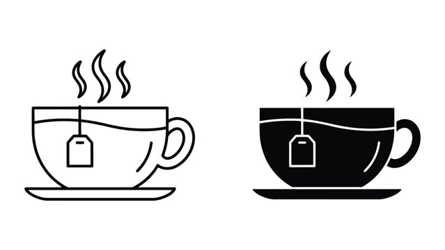 Tea cup icon set. Hot beverage vector illustration with tea bag and steam.