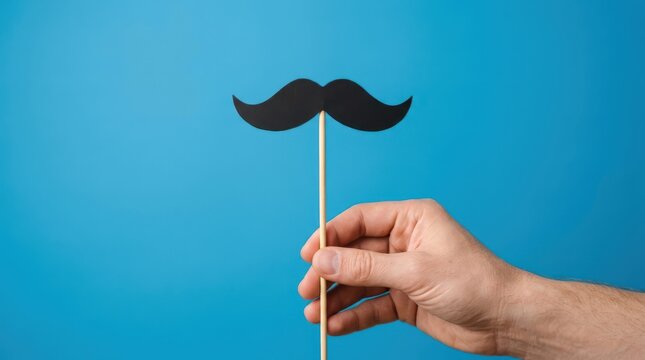 Hand holding a black paper mustache on a wooden stick against a blue background