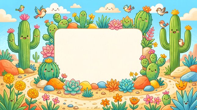 Cute cartoon desert cactus border frame with succulents succulent sunshine illustration colorful botanical