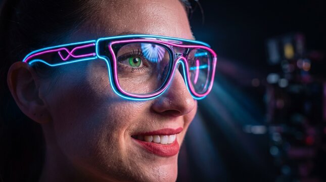 Futuristic portrait of a smiling woman wearing glowing cyan and pink neon LED glasses in a dark cinematic setting.