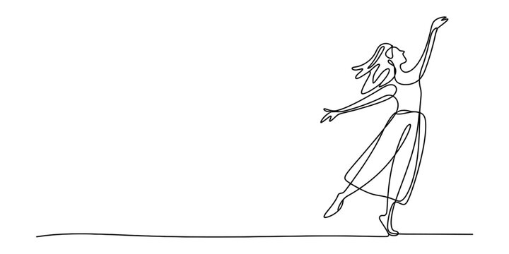 Continuous single line drawing of a happy young woman dancing and reaching up with her arms outstretched in a joyful and free movement pose Vector, illustration