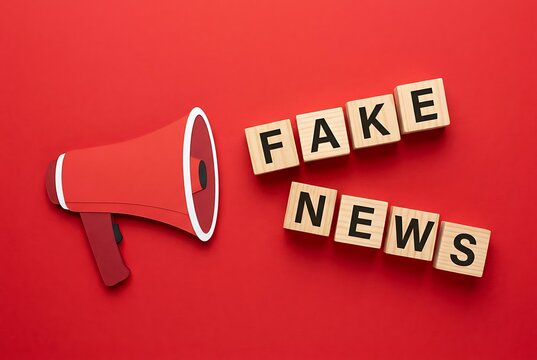 Megaphone and "Fake News" text on blocks, communication and media concept