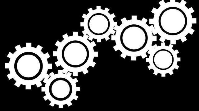 Set of white mechanical gears connected together representing industrial teamwork and engineering progress for business systems development and technical project management solutions