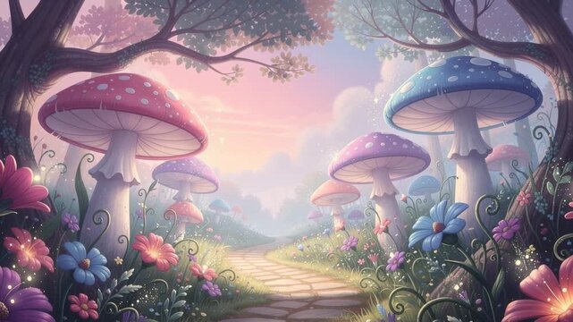 Enchanted forest path with glowing oversized mushrooms and vibrant colorful flowers in magical fantasy landscape