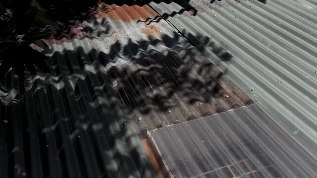Weathered corrugated metal roof with dappled tree shadows and rust texture under bright sunlight