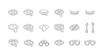Obraz premium Collection of gray line art eye icons showing various angles and eyelid details for graphic design.