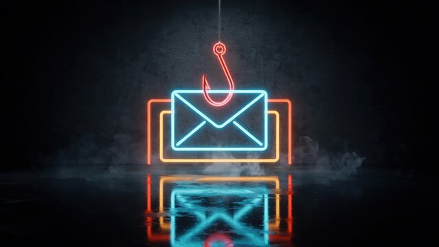 Phishing email cyber security concept with neon glowing email icon and hook in dark, smoky room