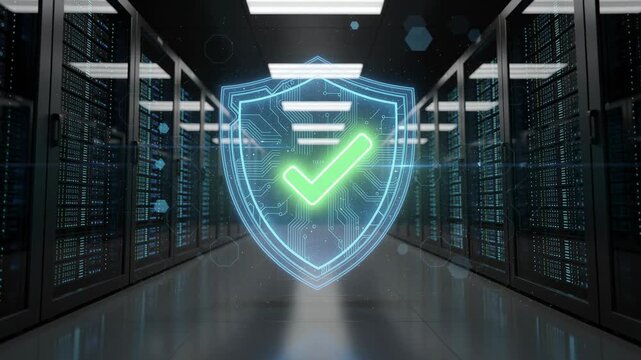 Secure data protection concept with glowing checkmark shield in modern server room environment