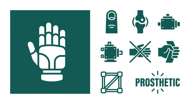 Minimal monochrome dark teal prosthetic icon set featuring a bionic hand, joint, servo motor, finger, and structural frame. Flat vector SVG style for medical and tech design.