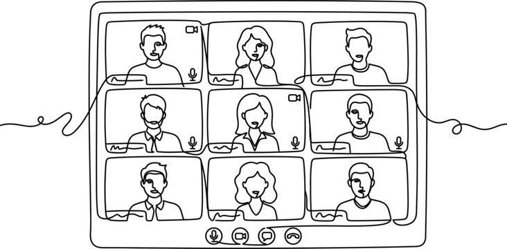 Video conference call with multiple participants on screen.