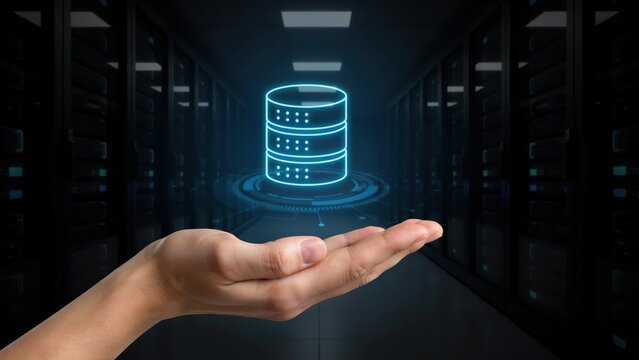 Hand Holding Glowing Database Server Icon in Data Center