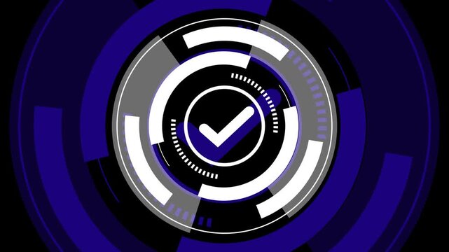 Abstract futuristic dark blue circular digital interface design with glowing white segments and mechanical hud elements for modern technology data visualization and sci-fi art