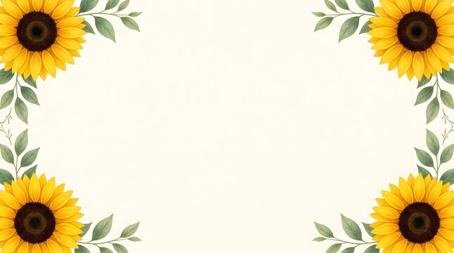 Four corner frame border made of sunflowers and green leaves with sunflower botanical watercolor artistic invitation