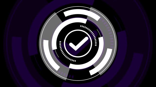 Abstract circular technology interface with glowing white and dark purple rings for digital hud design elements and futuristic science fiction user dashboard background graphics