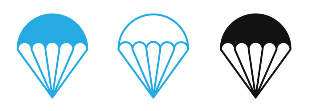 Parachute Icon Set &ndash; Parachuting, Paragliding, Skydiving, Air Delivery, Safe Landing, Emergency Parachute, and Extreme Sports Vector Symbols in Filled Blue, Line Art, and Solid Black Styles for Web ,