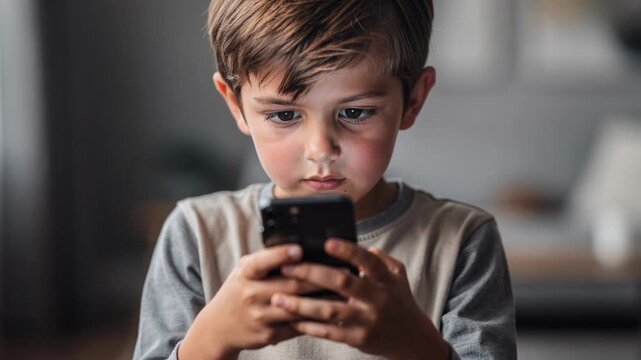 Young boy focused on smartphone screen using mobile device indoors at home