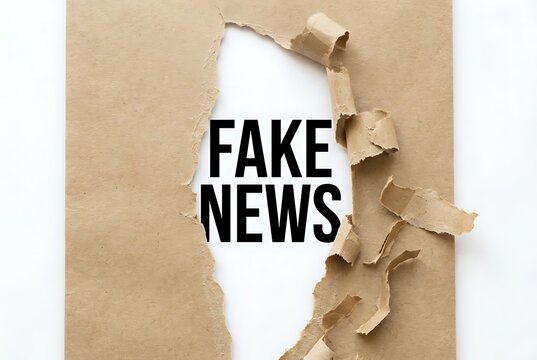 Torn paper reveals "FAKE NEWS" text, symbolizing media deception and information manipulation.
