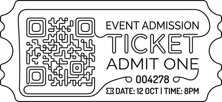 Black and white event admission ticket with QR code.