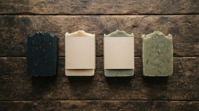Four different types of handmade soap bars with paper labels on a rustic wooden background