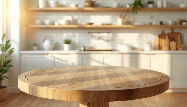 Empty round wooden table for product placement in blurred bright sunlight modern kitchen interior home mockup space.