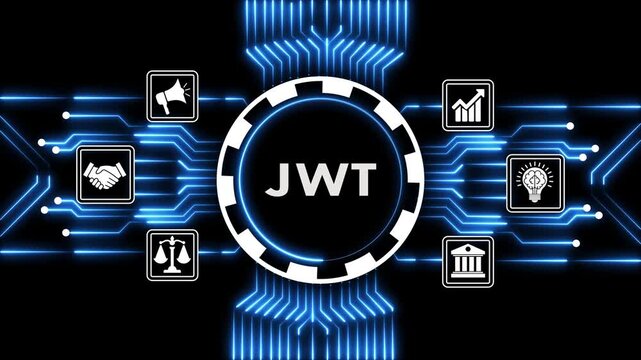 Jwt web token text animation in digital circuit board background with business icons.