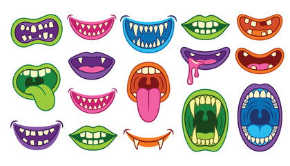 Spooky cartoon monster mouth and teeth expression set. Vampire, fangs, tongue, lips, smile, halloween, scary, funny, roar, creature and festive decorative element. © Creative Studio 