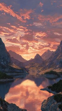 Pixel art landscape with sunset over mountains and lake