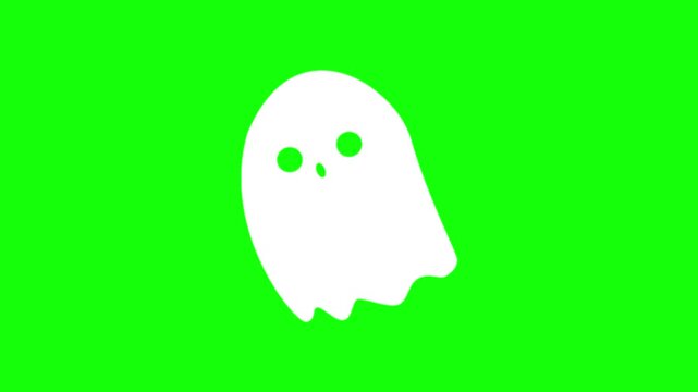 Halloween ghost monster spirit, spooky icon sign, isolated on green screen. Animated white scary and cute spirit cartoon. Advertisement, illustration idea, party and celebration symbol.