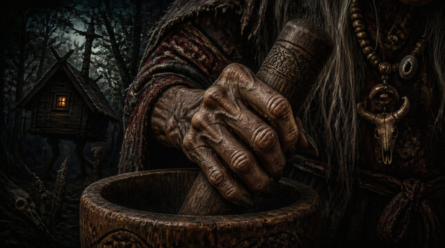 Witch Grinding Herbs in Mortar and Pestle Near Her Hut in Dark Forest