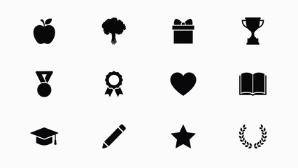 Modern flat icons set with minimalist collection twelve bold black icons representing achievement achievement education creativity celebration neutral background © Soma