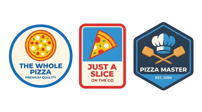Set of three flat vector logos for pizza restaurants and pizzerias featuring a whole pizza, a single slice, and a chef hat icon
