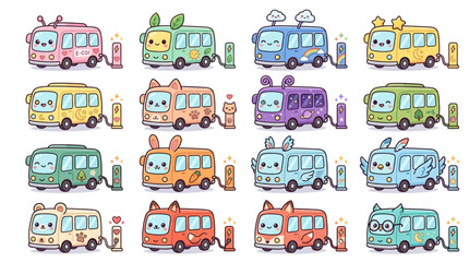 Naklejka premium Cute Kawaii Buses Collection Isolated Transparent Background